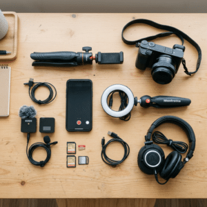 Camera, smartphone, microphones, headphones, ring light, tripod, cables, and memory cards on a wooden desk