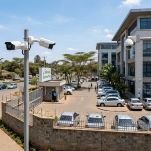Sarit Centre Business Park entrance with security cameras and parked cars
