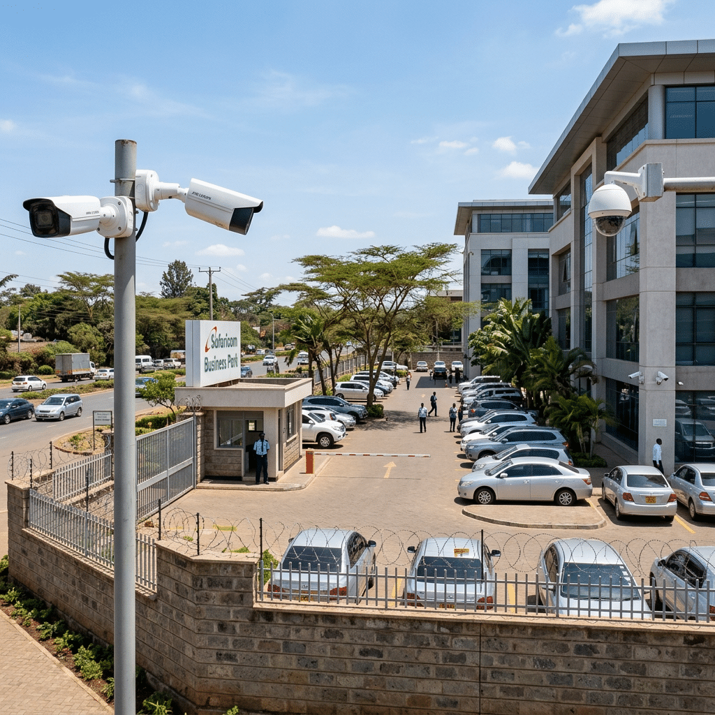 Sarit Centre Business Park entrance with security cameras and parked cars